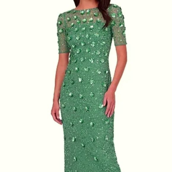 Adrianna Papell Dresses & Skirts - Adrianna Papell Green Slate 3-D Floral Beaded Evening Gown Dress
